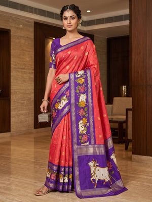 Peachmode Red Cow Motif Border Art Silk Saree - Image 1