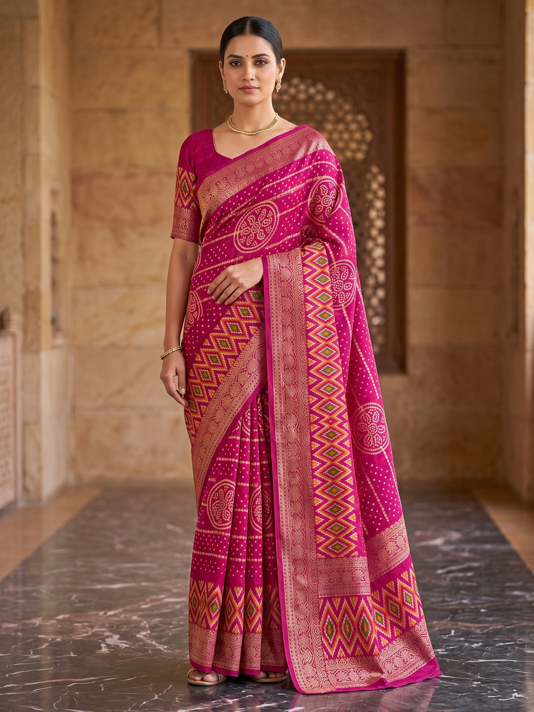 Peachmode Magenta Bandhani Art Silk Saree - Image 1