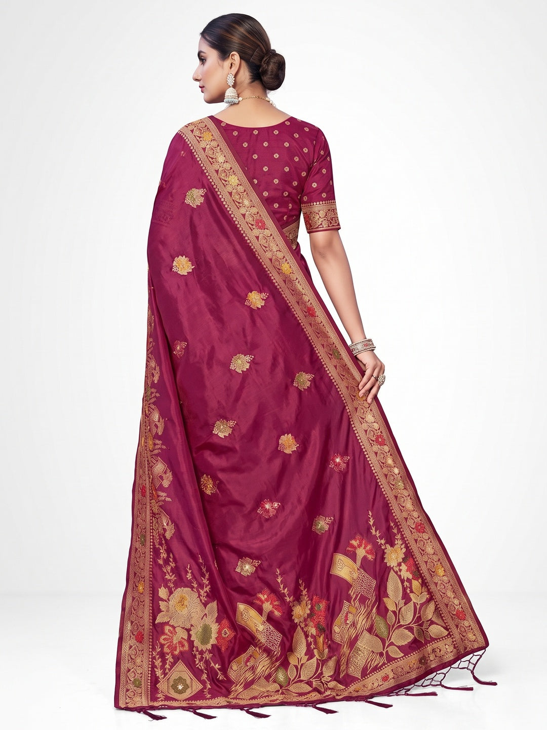Dark Magenta Floral Woven With Swarovski Work Pure Silk Saree With Tassels - Image 2