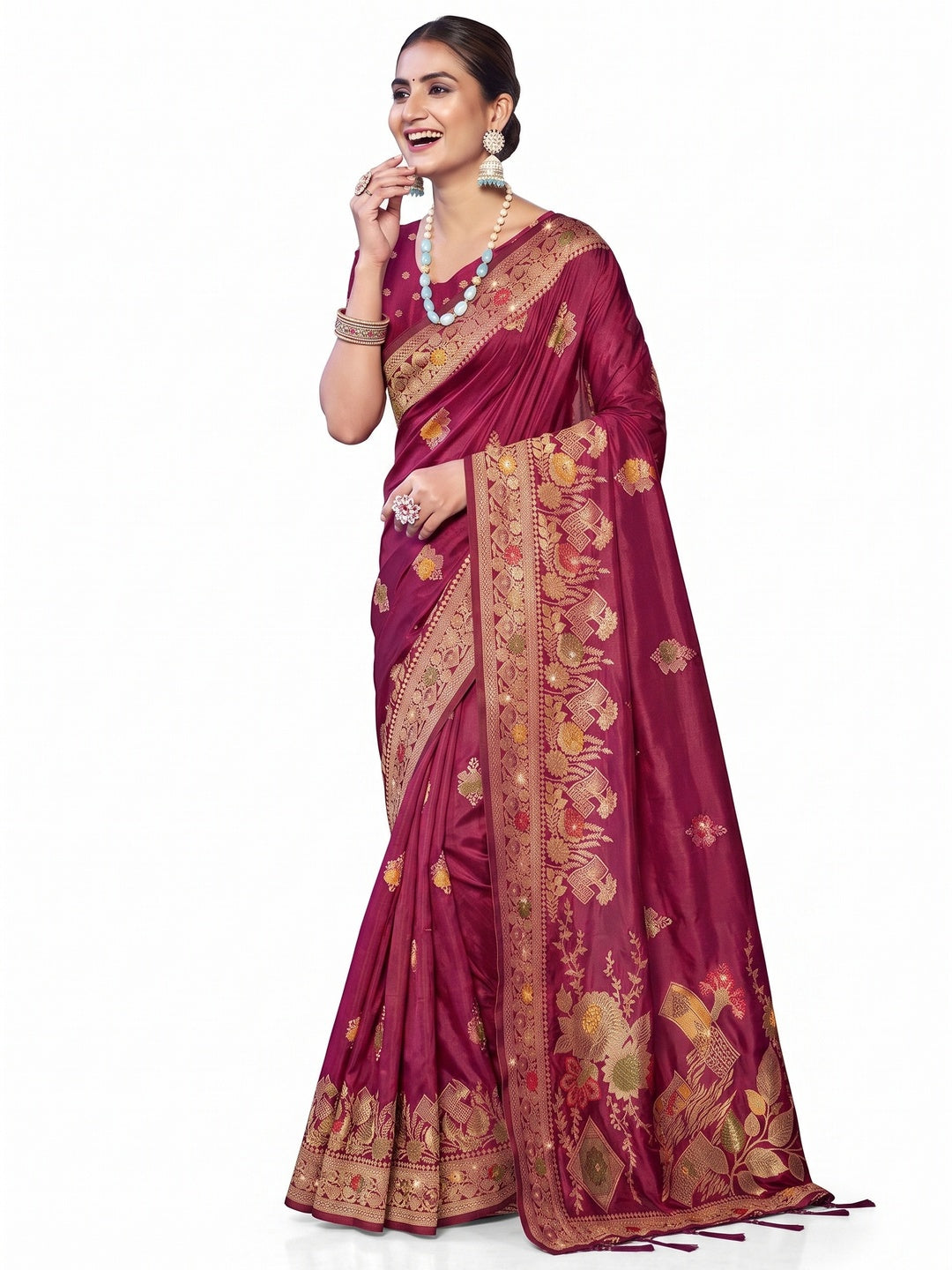 Dark Magenta Floral Woven With Swarovski Work Pure Silk Saree With Tassels - Image 3