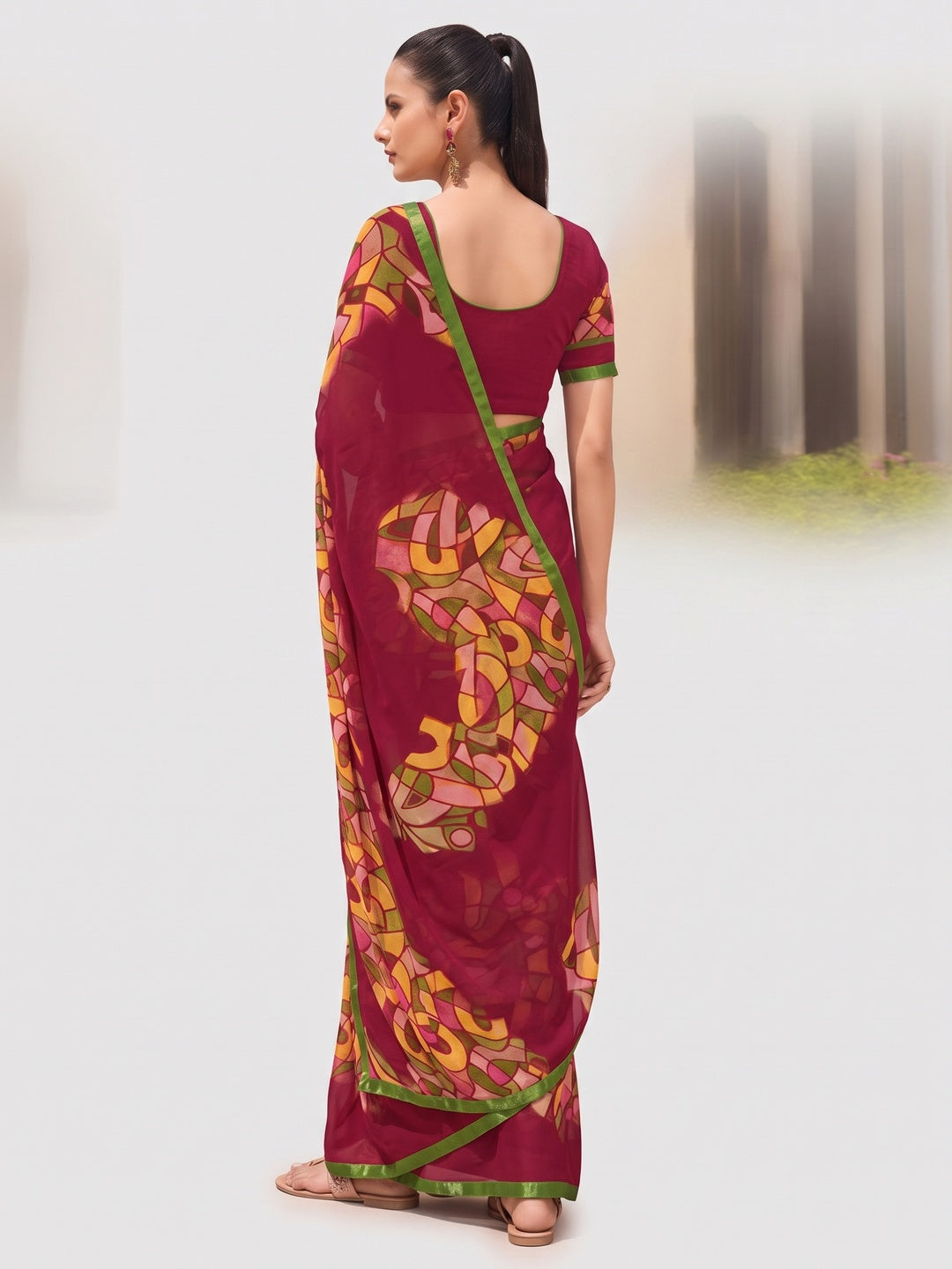 Magenta Pink Printed Georgette Saree - Image 4