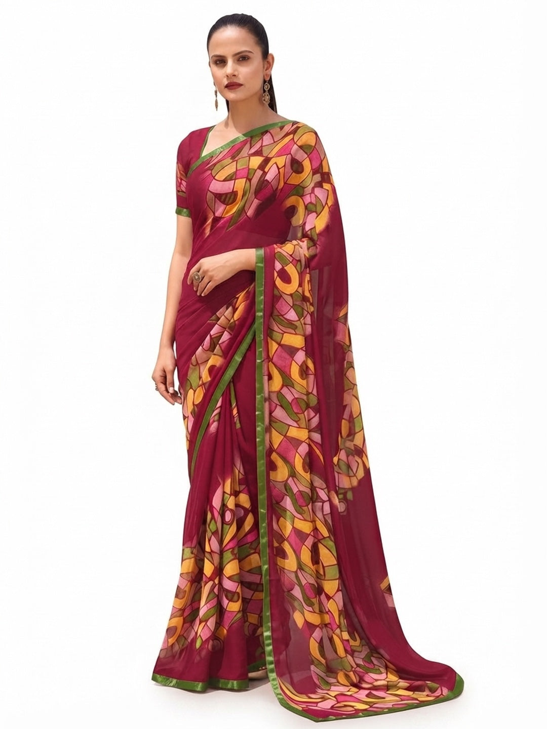 Magenta Pink Printed Georgette Saree - Image 7