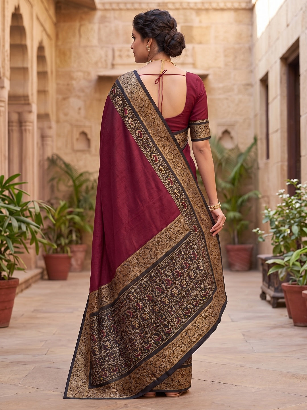 Peachmode Maroon Patola Border Art Silk Saree - Image 3