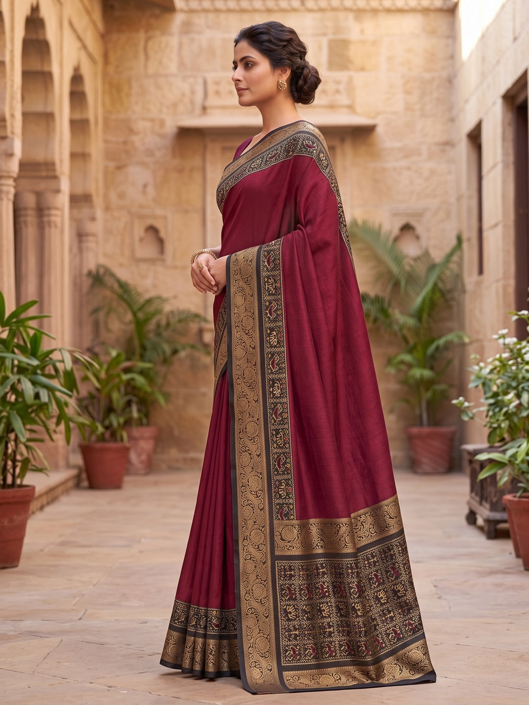 Peachmode Maroon Patola Border Art Silk Saree - Image 4