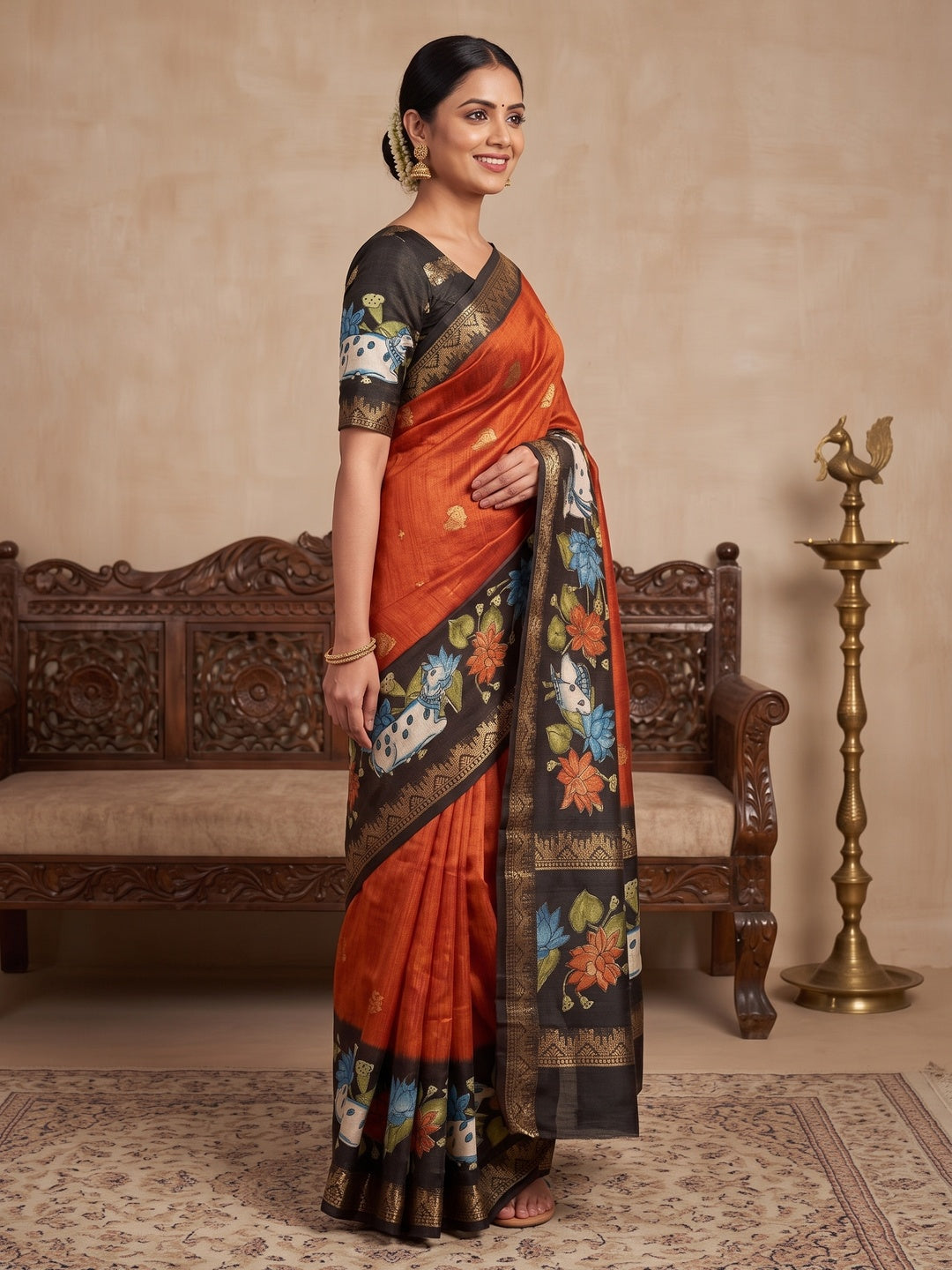 Peachmode Orange Cow Motif Border Art Silk Saree - Image 5