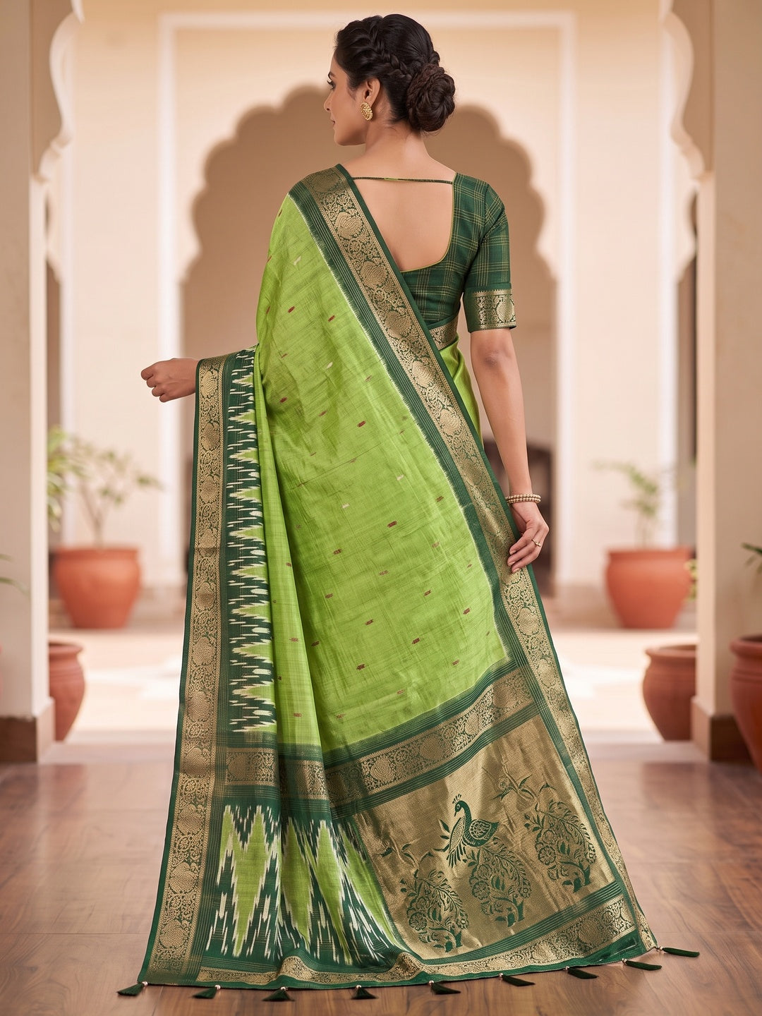 Peachmode Lime Green Ikat Art Silk Saree - Image 3