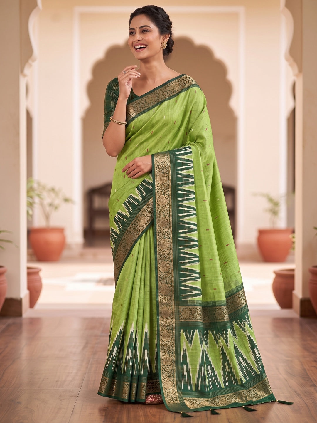 Peachmode Lime Green Ikat Art Silk Saree - Image 5