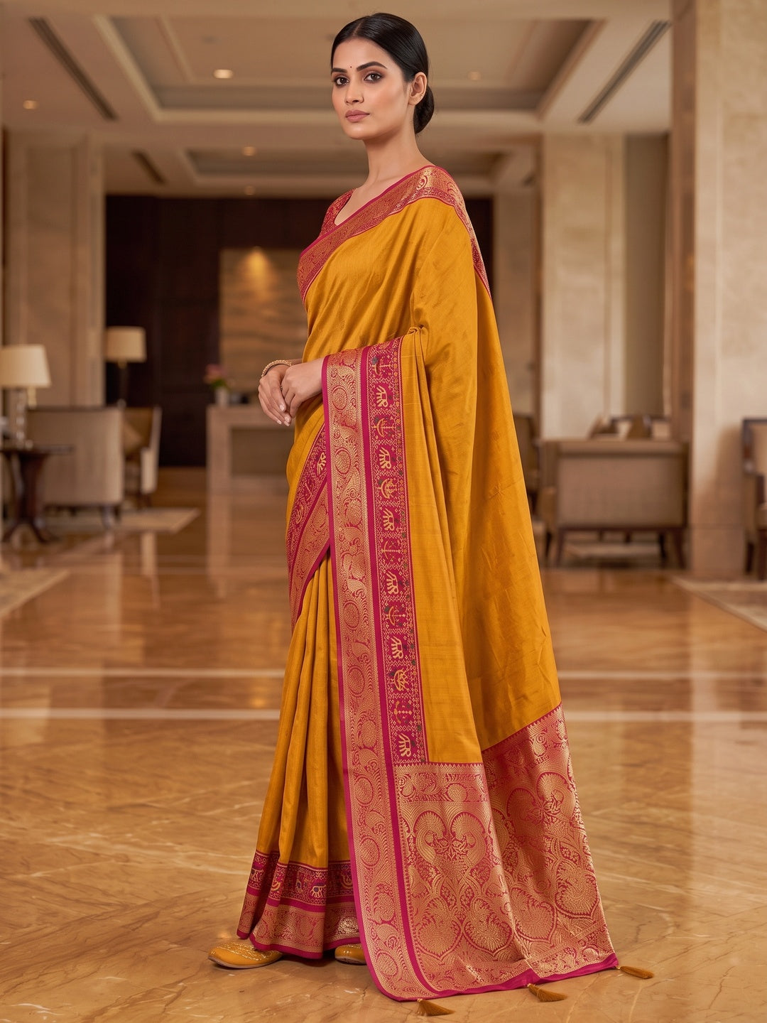 Peachmode Mustard Patola Border Art Silk Saree - Image 4