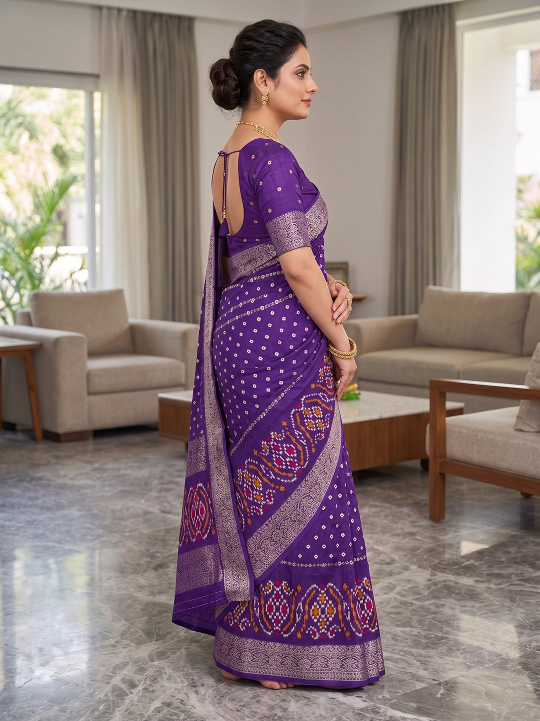 Peachmode Purple Bandhani Art Silk Saree - Image 5