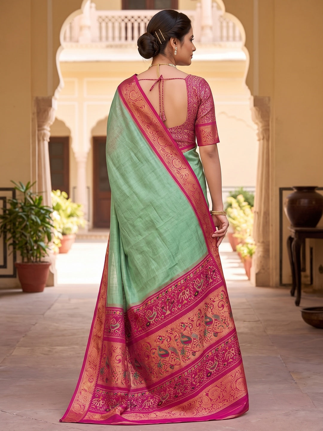 Peachmode Mint Green Patola Border Art Silk Saree - Image 3