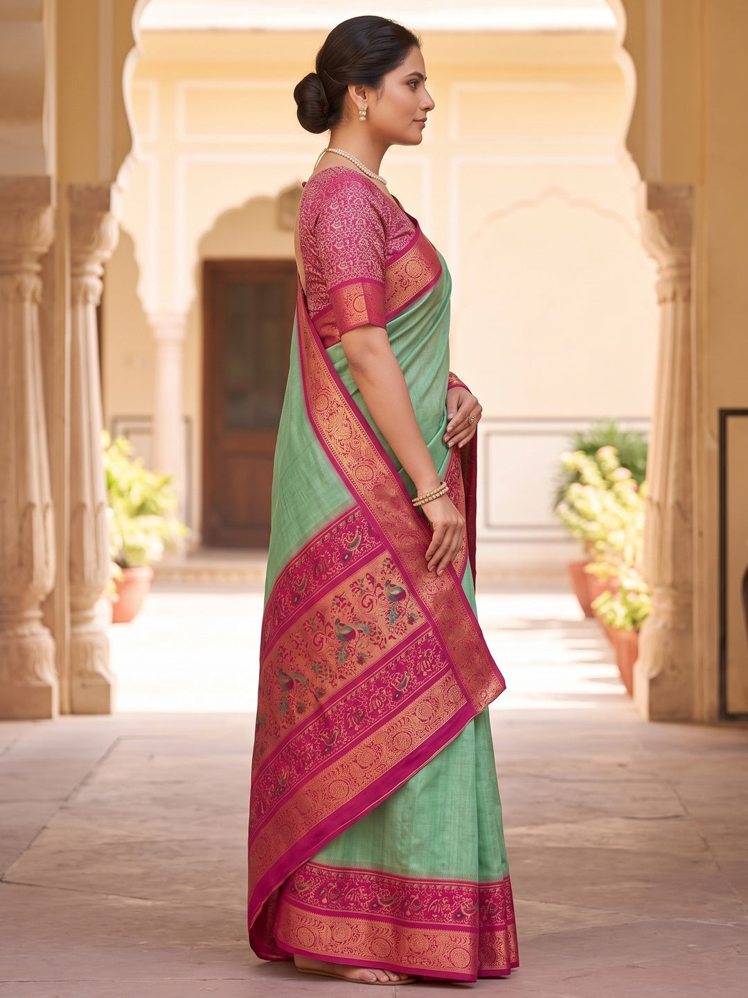 Peachmode Mint Green Patola Border Art Silk Saree - Image 4