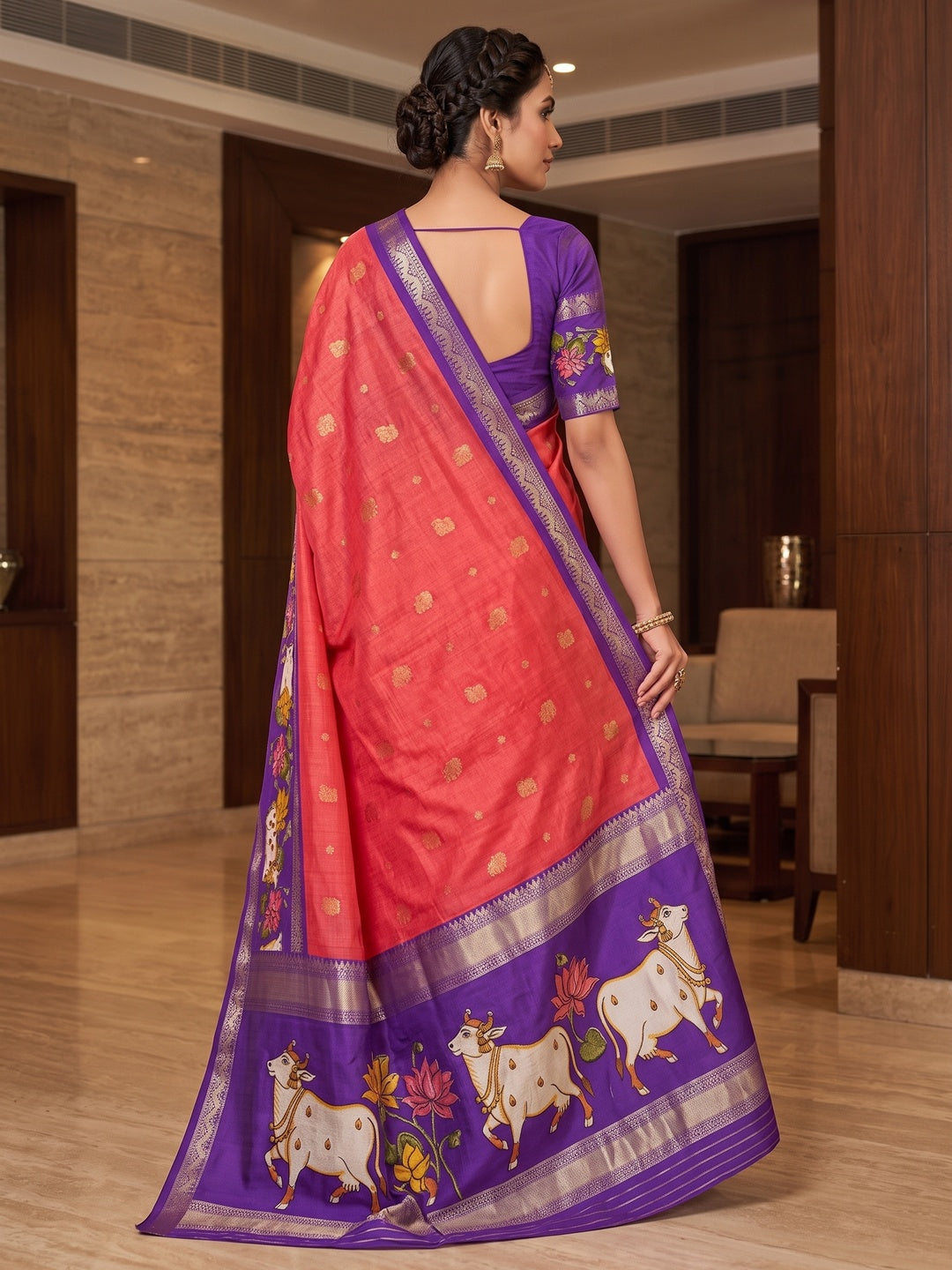 Peachmode Red Cow Motif Border Art Silk Saree - Image 6