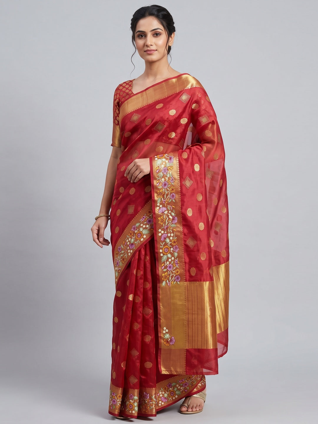 Red Zari Woven Jacquard Saree With Embroidery Border - Image 1