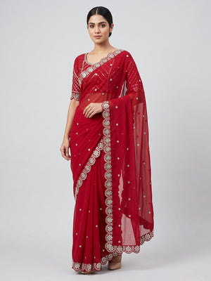 Red Sequins Embellished Georgette Saree with Glamorous Party-Wear Finish - Image 1