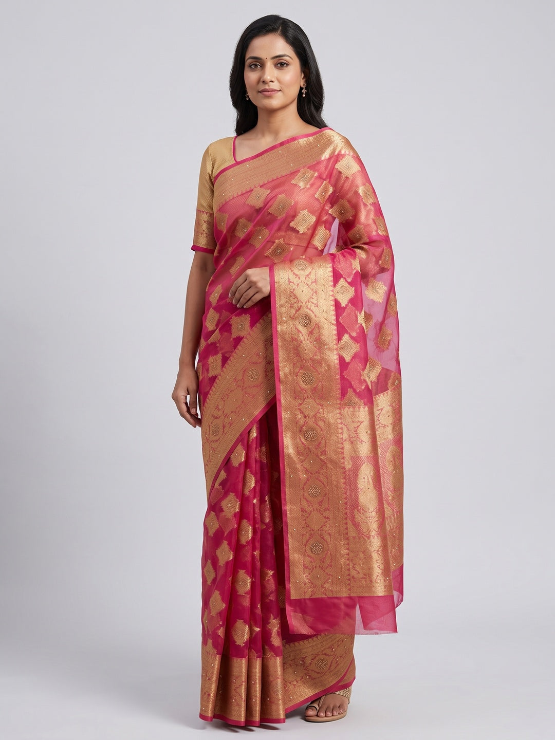 Rani Pink Woven With Stonework Organza Jacquard Saree - Image 1