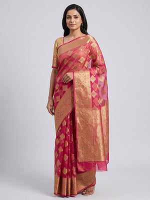 Rani Pink Woven With Stonework Organza Jacquard Saree - Image 1