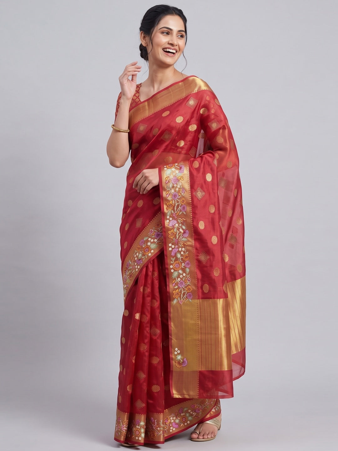 Red Zari Woven Jacquard Saree With Embroidery Border - Image 4