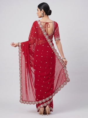 Red Sequins Embellished Georgette Saree with Glamorous Party-Wear Finish - Image 2