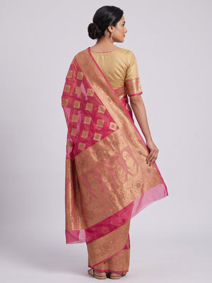 Rani Pink Woven With Stonework Organza Jacquard Saree - Image 2