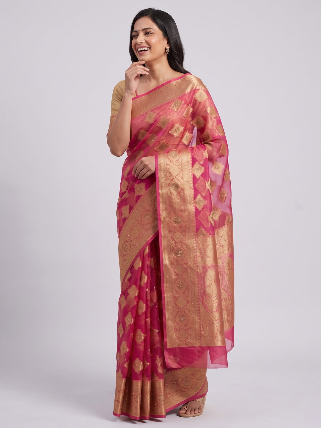 Rani Pink Woven With Stonework Organza Jacquard Saree - Image 4