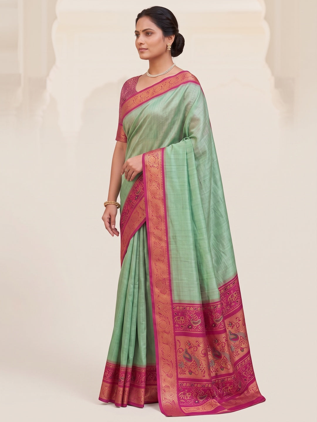 Peachmode Mint Green Patola Border Art Silk Saree - Image 5