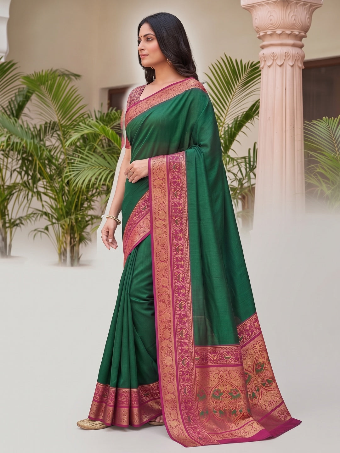 Peachmode Green Patola Border Art Silk Saree - Image 5