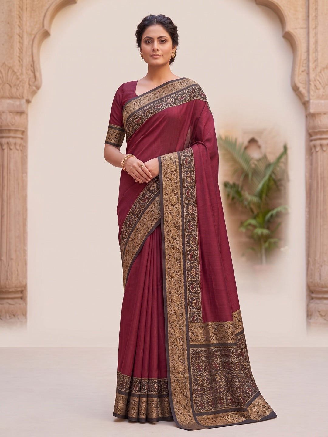 Peachmode Maroon Patola Border Art Silk Saree - Image 1