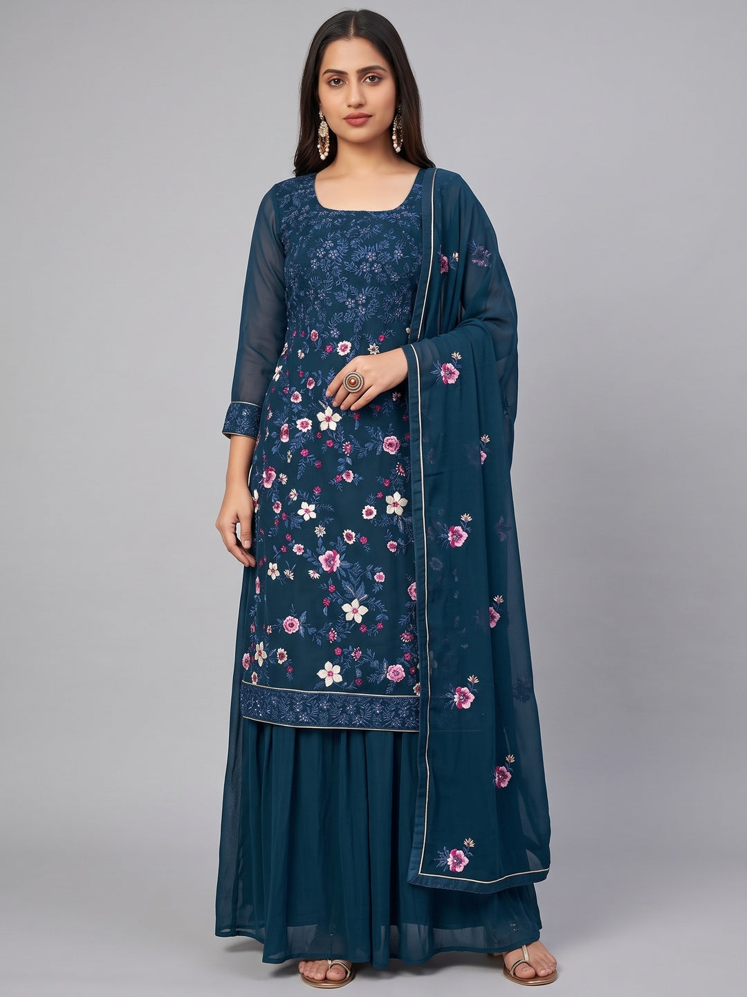 Blue Floral Sequins Embroidered Georgette Semi Stitched Suit - Image 1