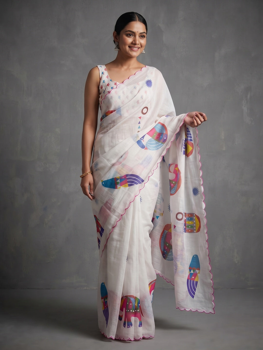 Stylish White Linen Saree with Multicolor Printed Motifs Minimal Elegant Look - Image 1