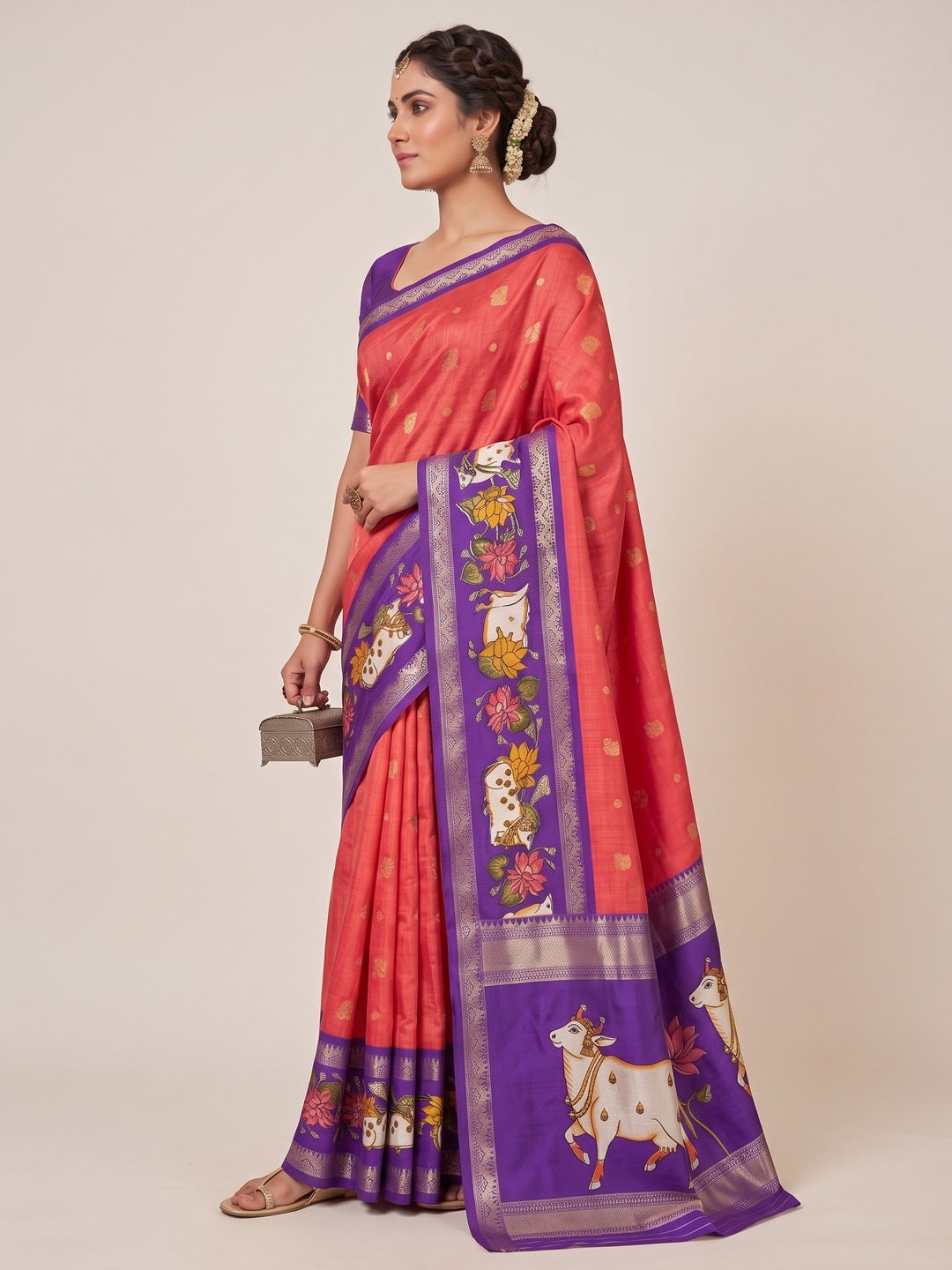 Peachmode Red Cow Motif Border Art Silk Saree - Image 5