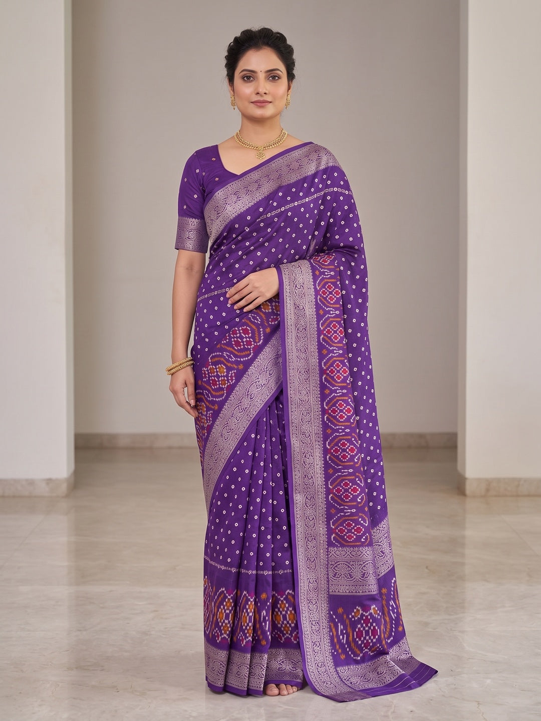 Peachmode Purple Bandhani Art Silk Saree - Image 1