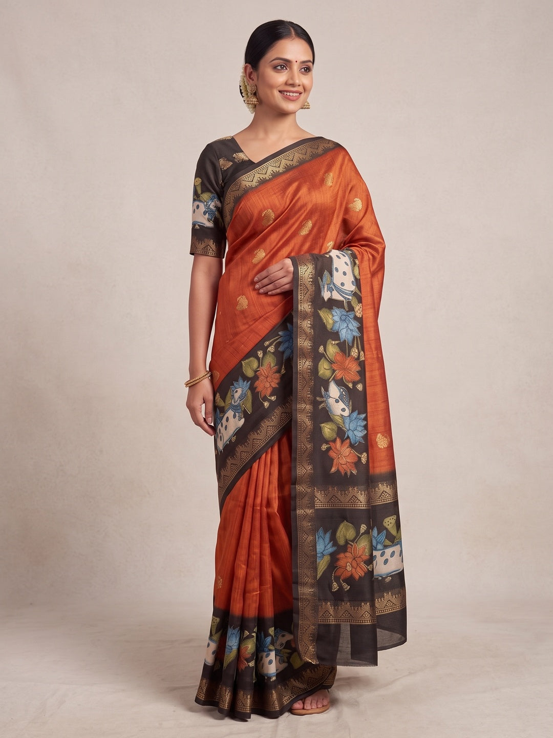 Peachmode Orange Cow Motif Border Art Silk Saree - Image 6