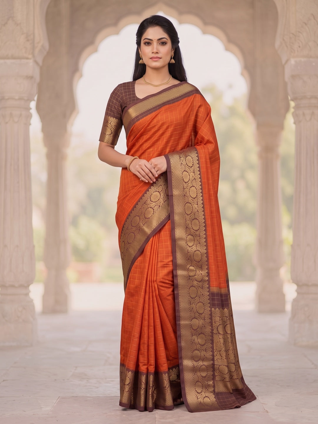 Peachmode Orange Contrast Border Art Silk Saree - Image 1