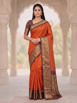 Peachmode Orange Contrast Border Art Silk Saree - Image 1