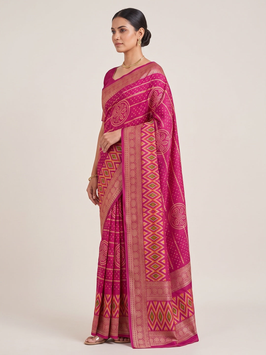 Peachmode Magenta Bandhani Art Silk Saree - Image 6