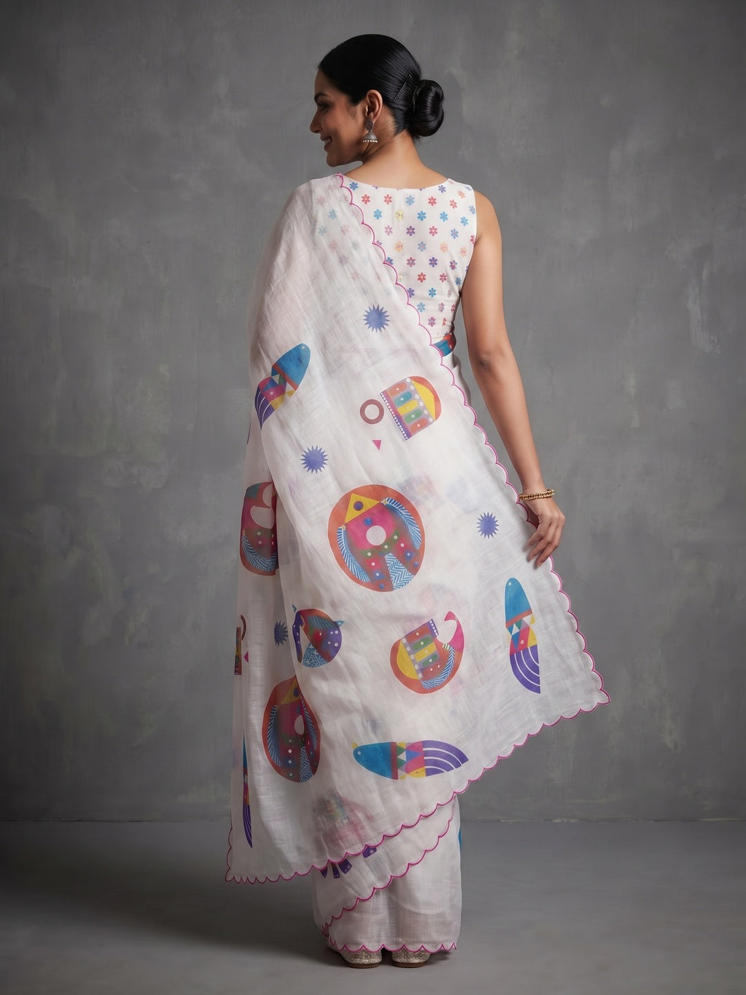 Stylish White Linen Saree with Multicolor Printed Motifs Minimal Elegant Look - Image 2