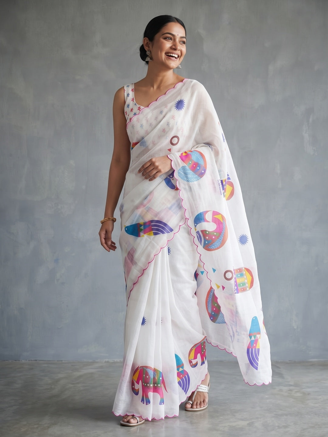 Stylish White Linen Saree with Multicolor Printed Motifs Minimal Elegant Look - Image 4