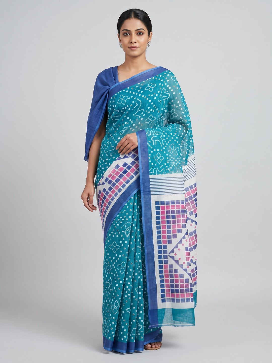 Teal Pure Linen Saree with Authentic Bandhani Print - Image 1
