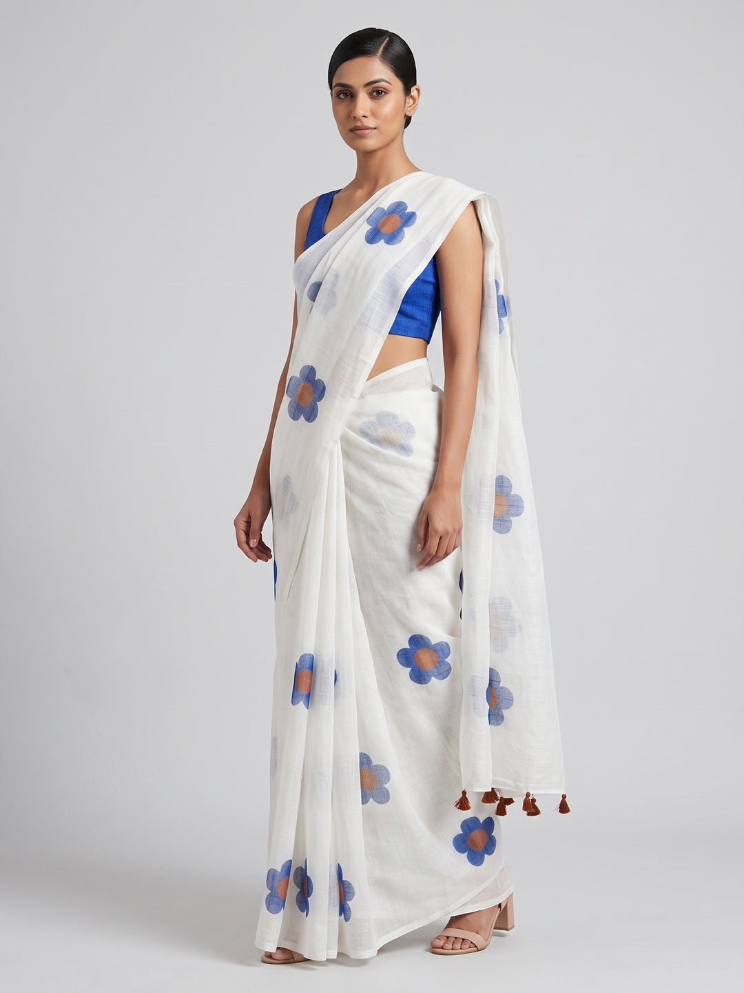 White & Blue Floral Print Saree in Breathable Pure Linen Fabric - Image 1