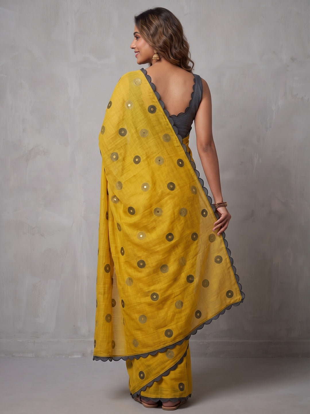 Stylish Yellow Linen Saree with Multicolor Printed Motifs Minimal Elegant Look - Image 2