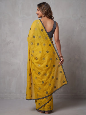 Stylish Yellow Linen Saree with Multicolor Printed Motifs Minimal Elegant Look - Image 2