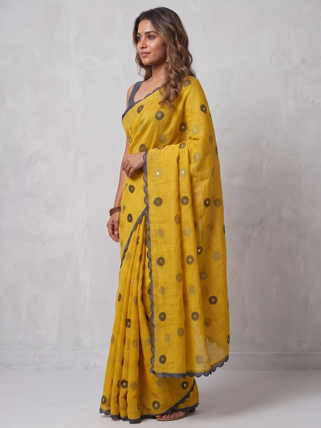 Stylish Yellow Linen Saree with Multicolor Printed Motifs Minimal Elegant Look - Image 3