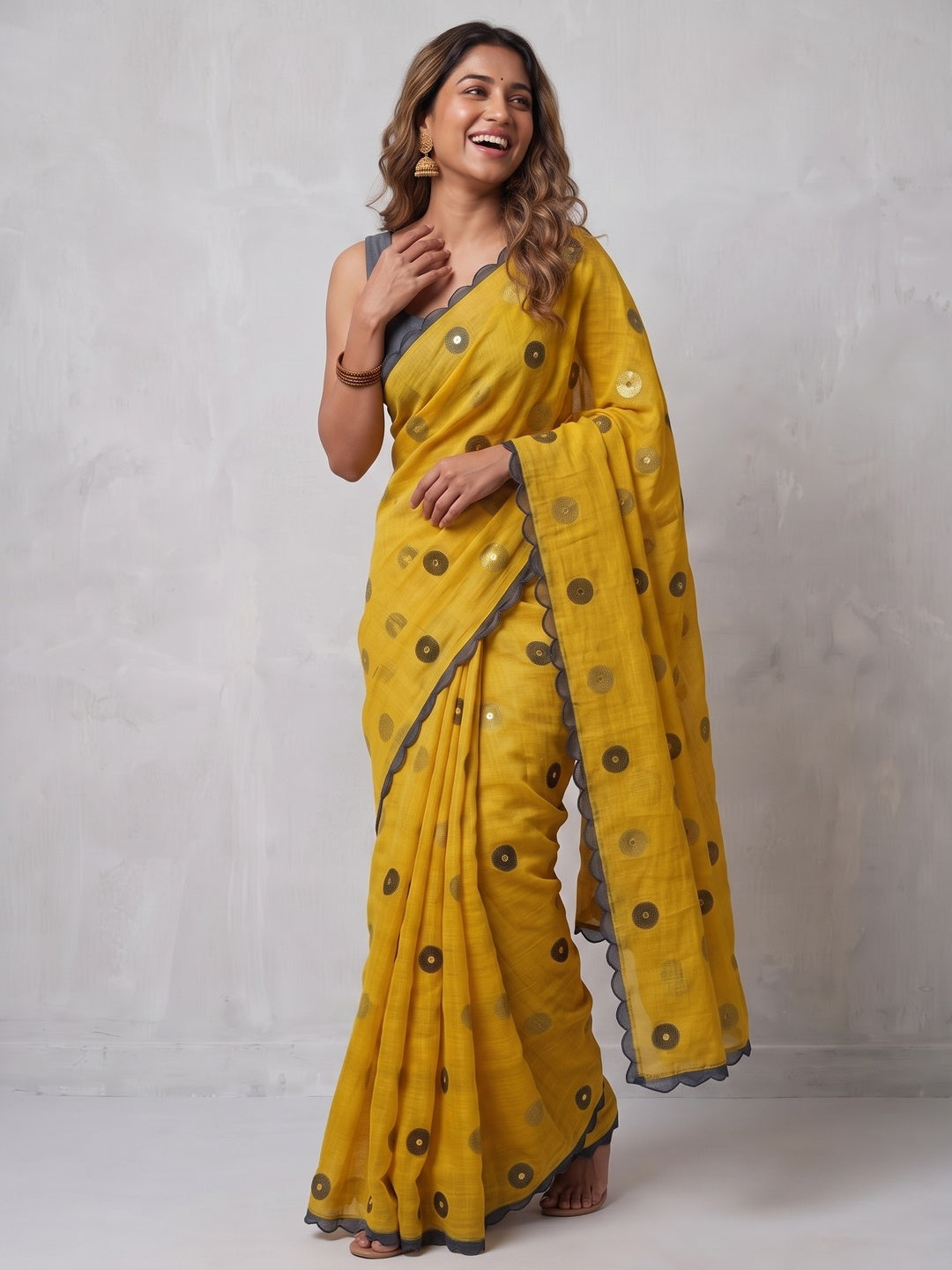 Stylish Yellow Linen Saree with Multicolor Printed Motifs Minimal Elegant Look - Image 4