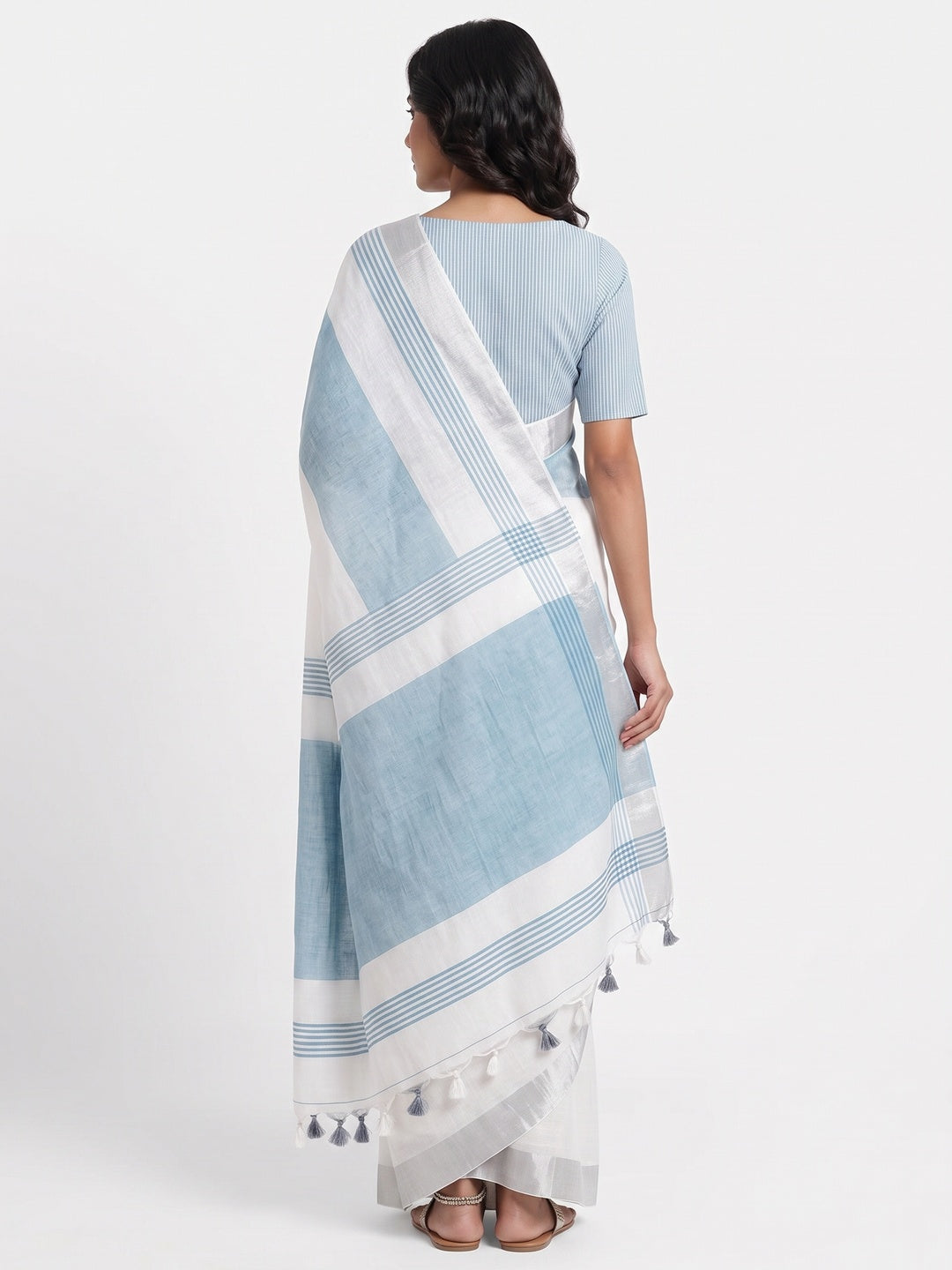 White & Blue Zari Woven Linen Saree With Tassels - Image 2