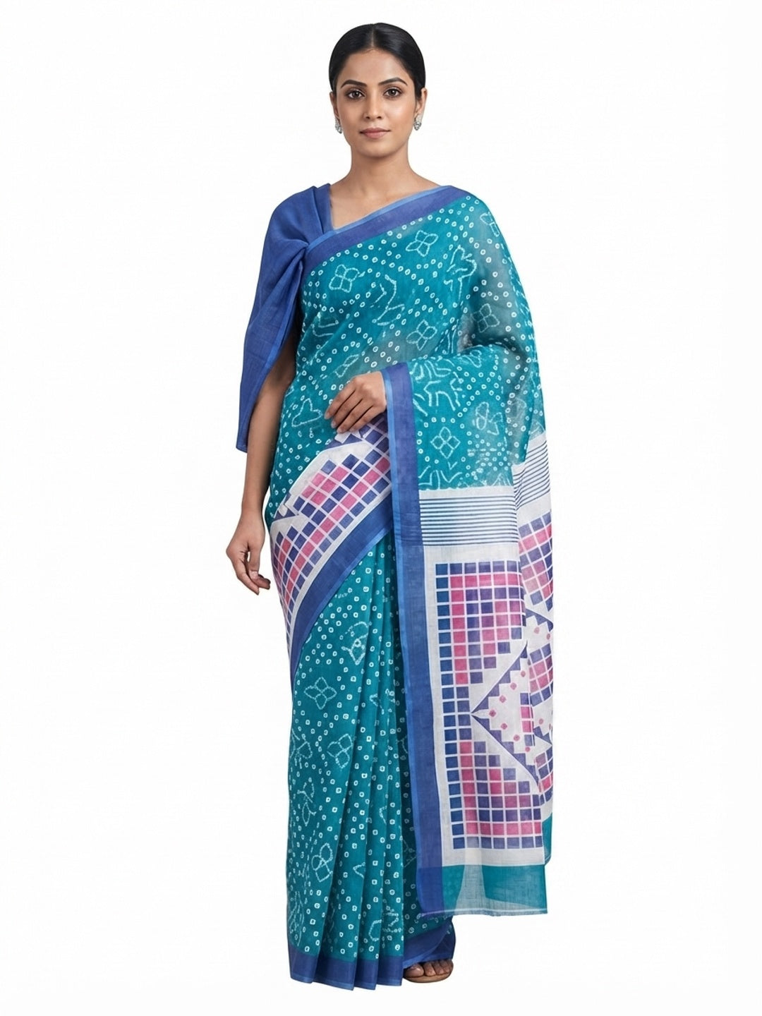Teal Pure Linen Saree with Authentic Bandhani Print - Image 5