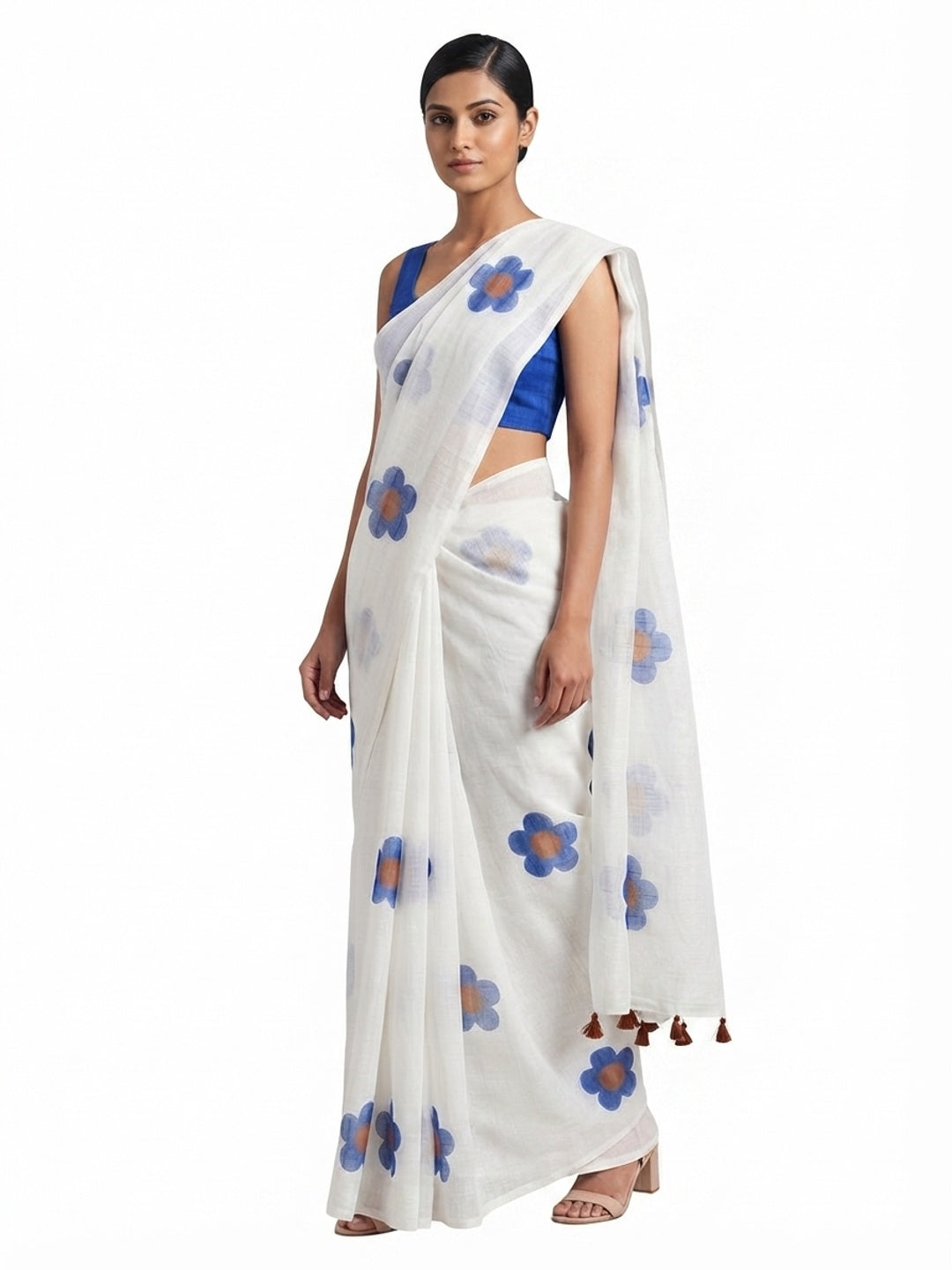 White & Blue Floral Print Saree in Breathable Pure Linen Fabric - Image 5