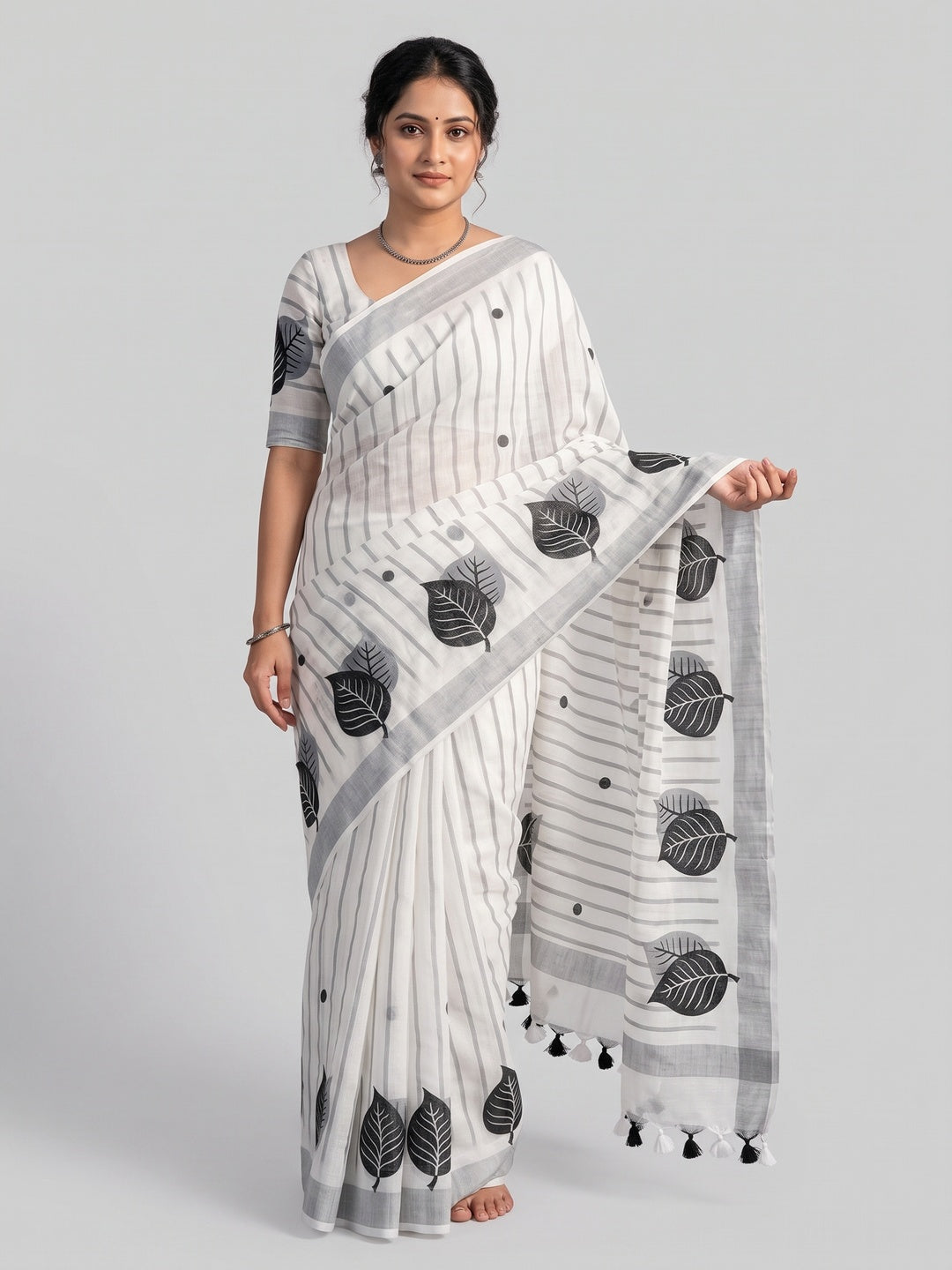 White Soft Linen Saree with Artistic Print Detailing - Image 2