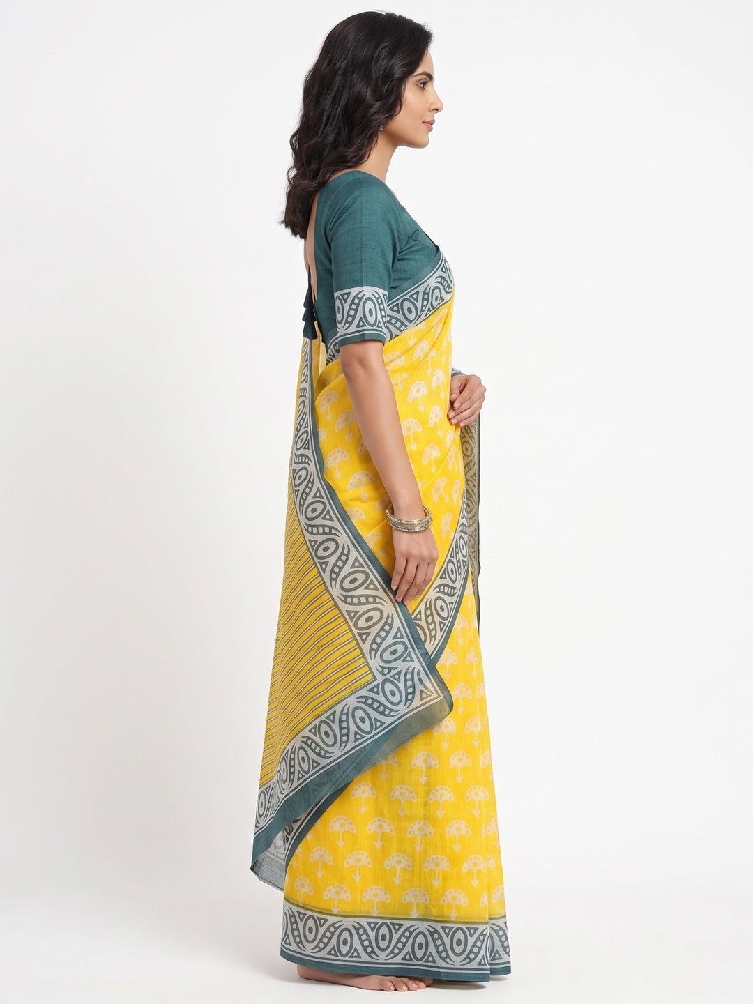 Yellow Floral Print Saree in Breathable Pure Linen Fabric - Image 3