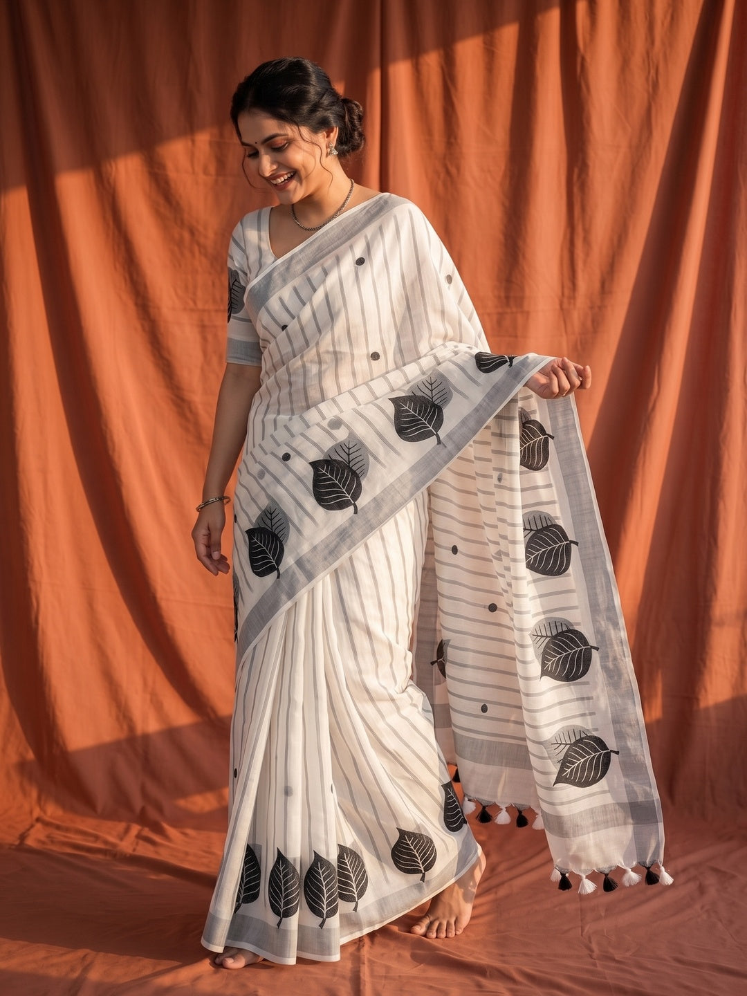 White Soft Linen Saree with Artistic Print Detailing - Image 5