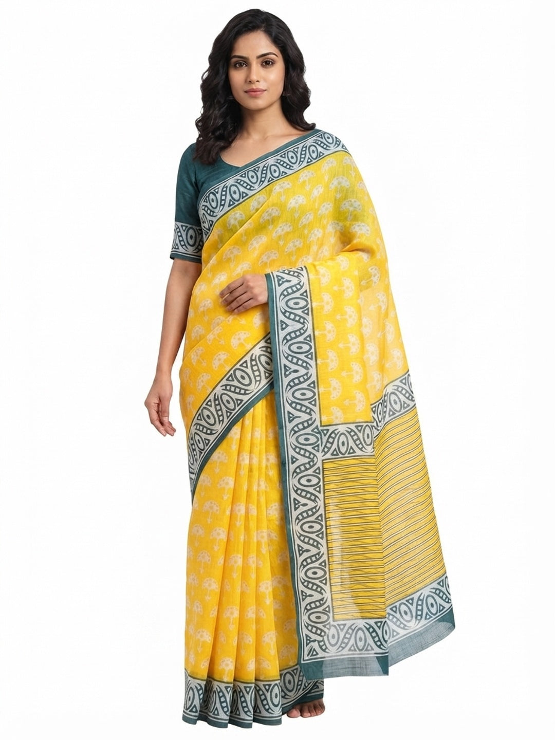 Yellow Floral Print Saree in Breathable Pure Linen Fabric - Image 5